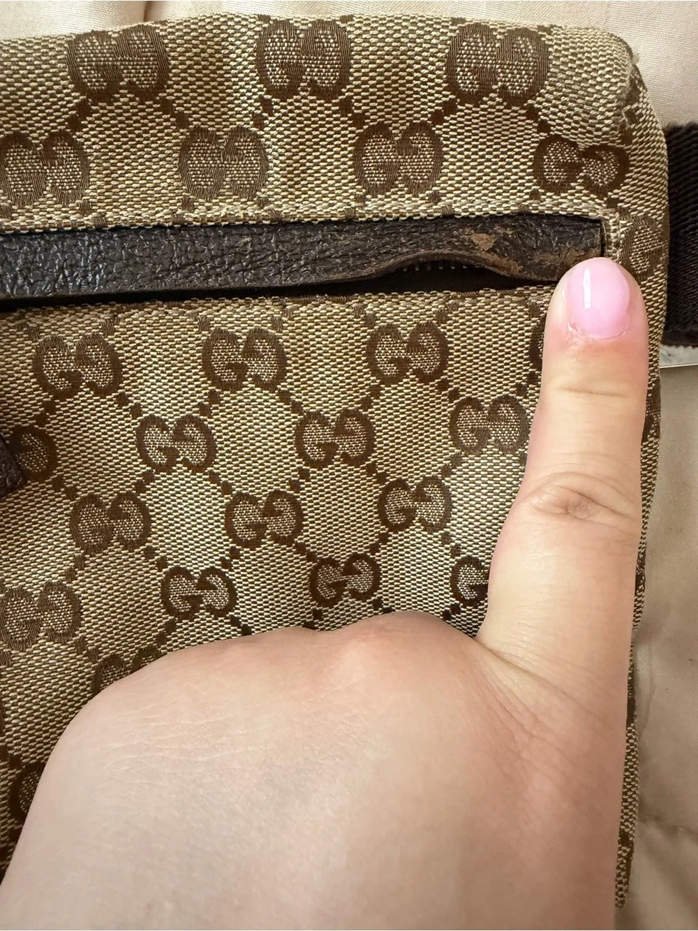 Gucci Beige/Brown GG Canvas Belt Bag with Dark Brown Strap